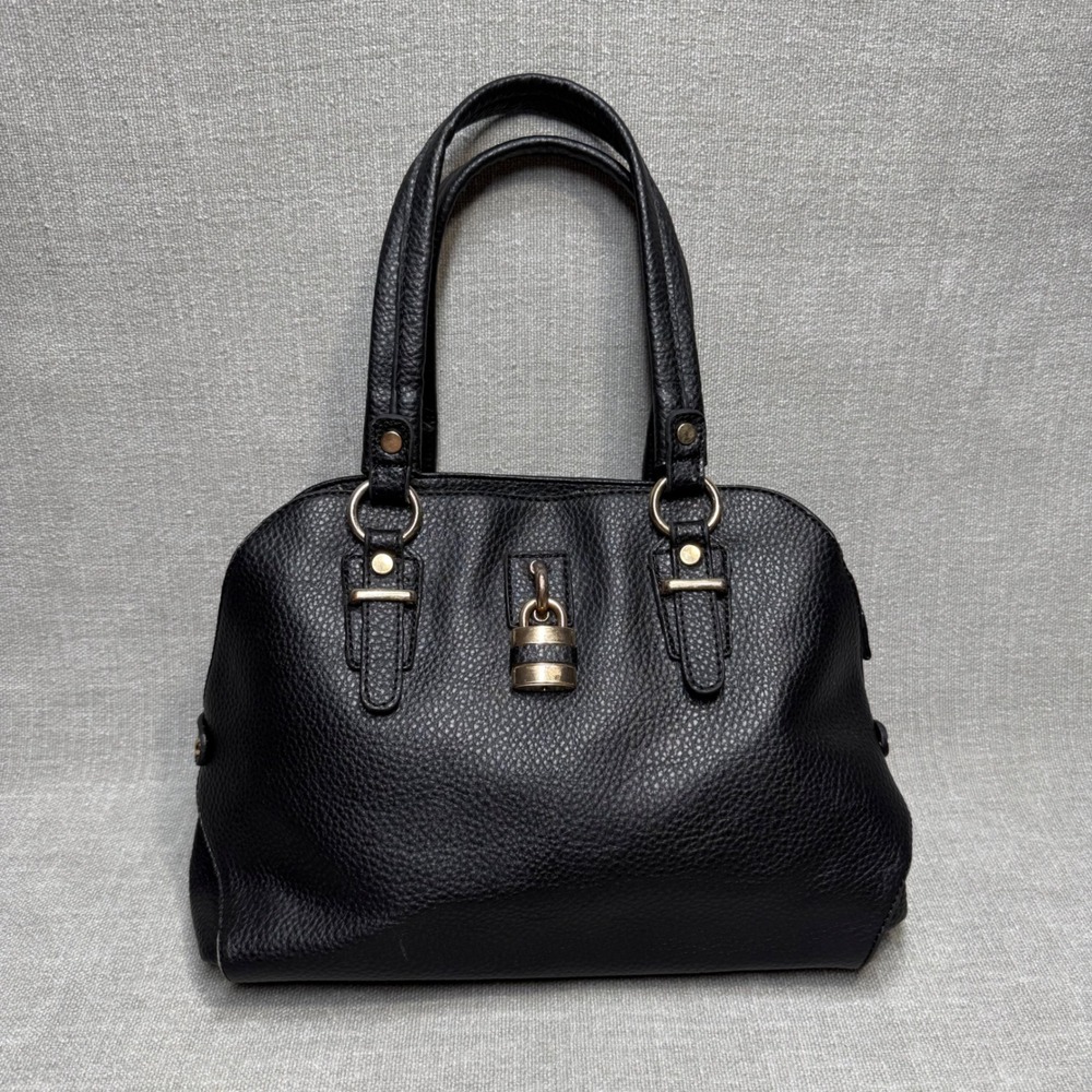 Black Padlock Faux Leather Satchel Handbag Purse Gold Padlock Detail Medium